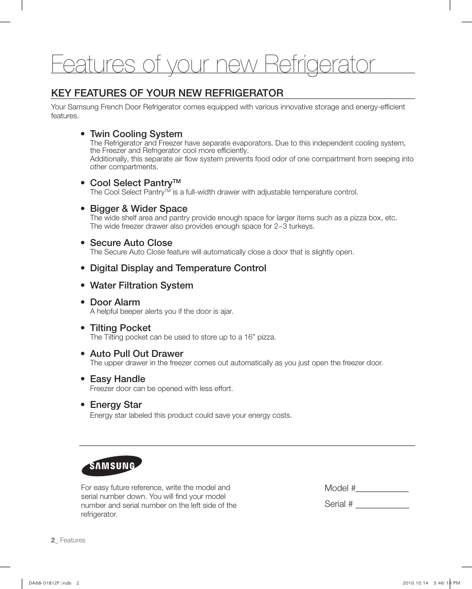 Features of your new refrigerator, Key features of your new refrigerator | Samsung RF266AEPN-XAA User Manual | Page 2 / 40