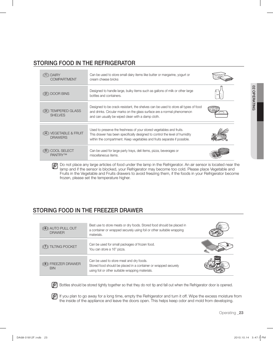 Storing food in the refrigerator, Storing food in the frezer drawer, Storing food in the freezer drawer | Samsung RF266AEPN-XAA User Manual | Page 23 / 40