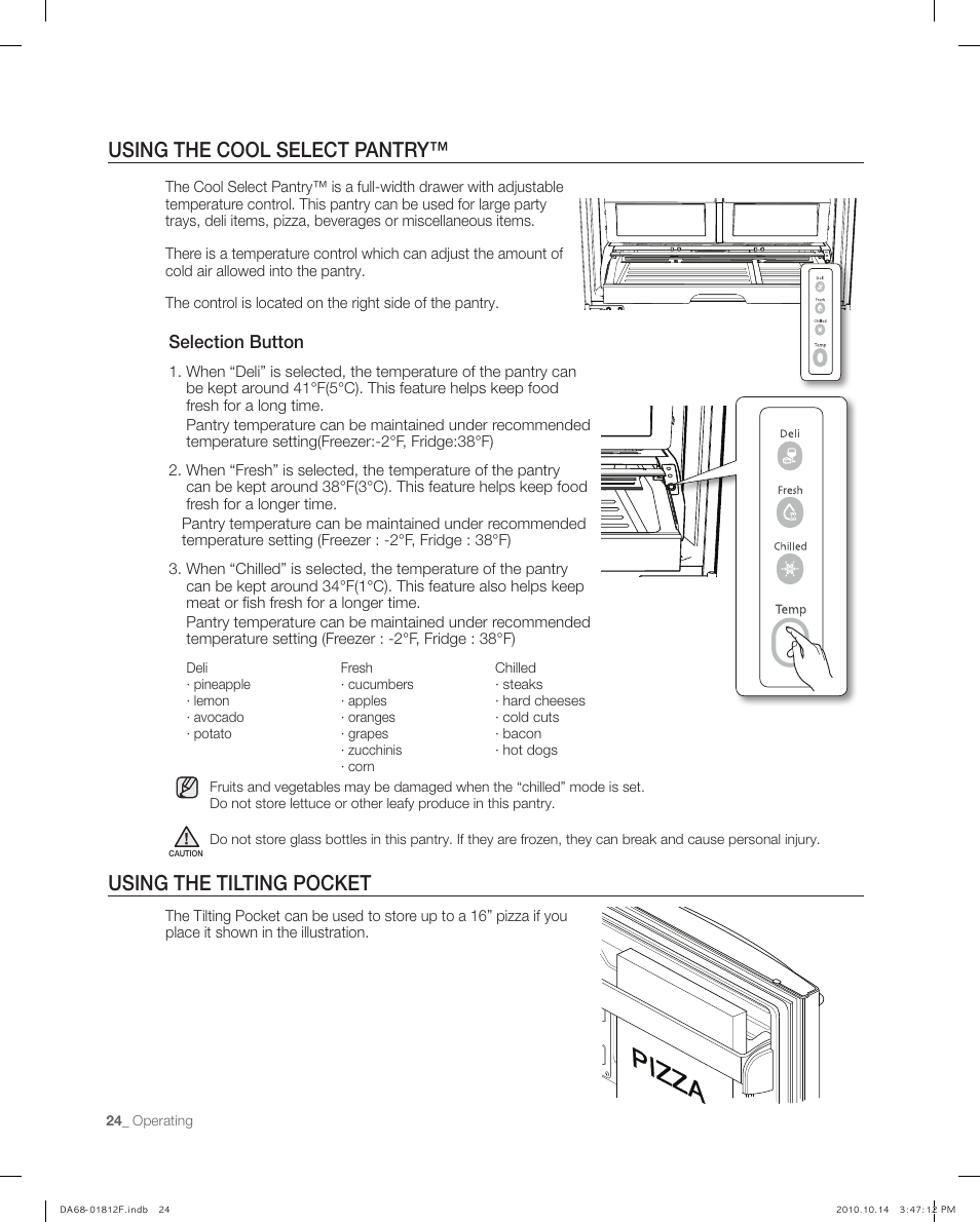 Using the cool select pantry, Using the tilting pocket, Selection button | Samsung RF266AEPN-XAA User Manual | Page 24 / 40