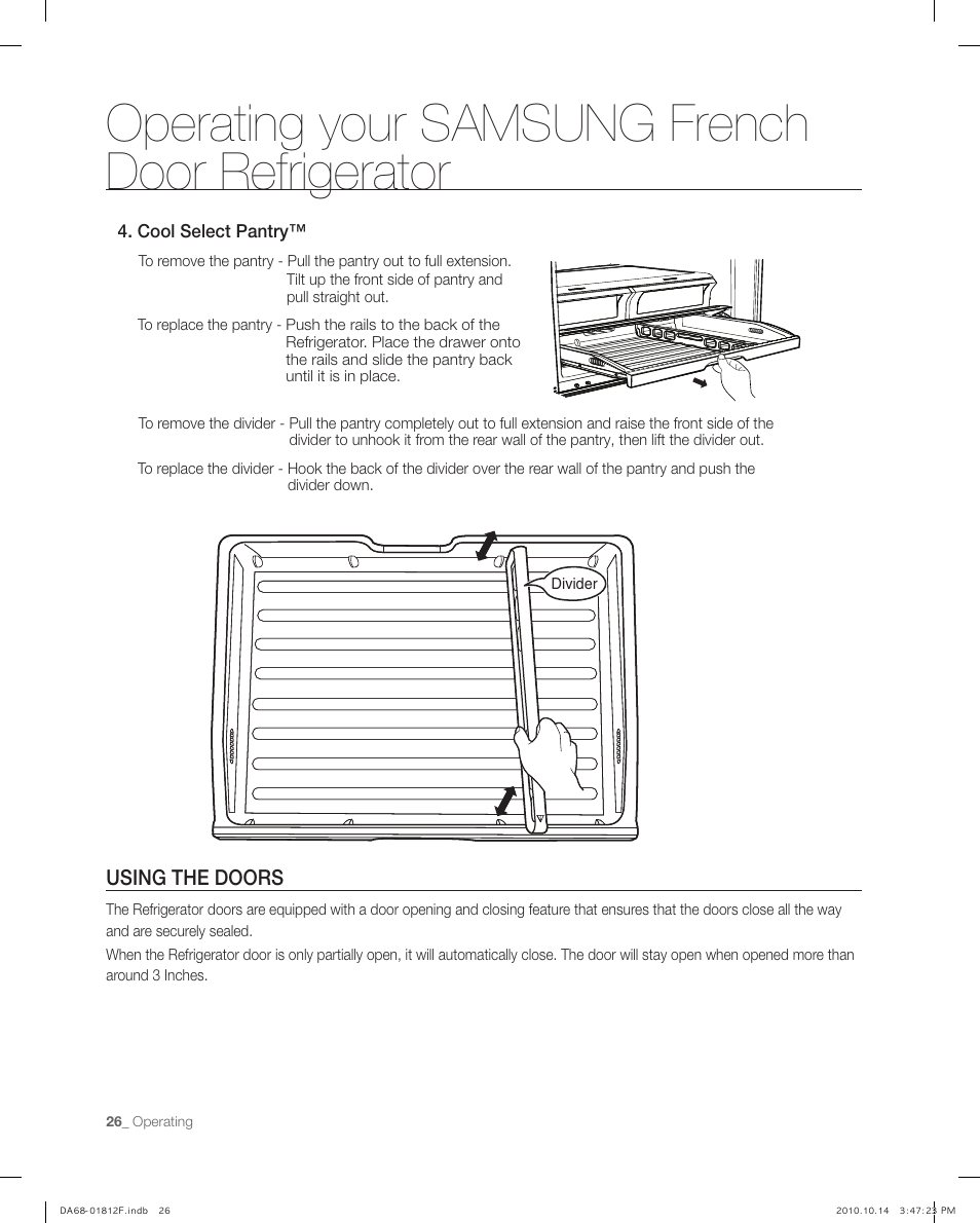 Using the doors, Operating your samsung french door refrigerator | Samsung RF266AEPN-XAA User Manual | Page 26 / 40