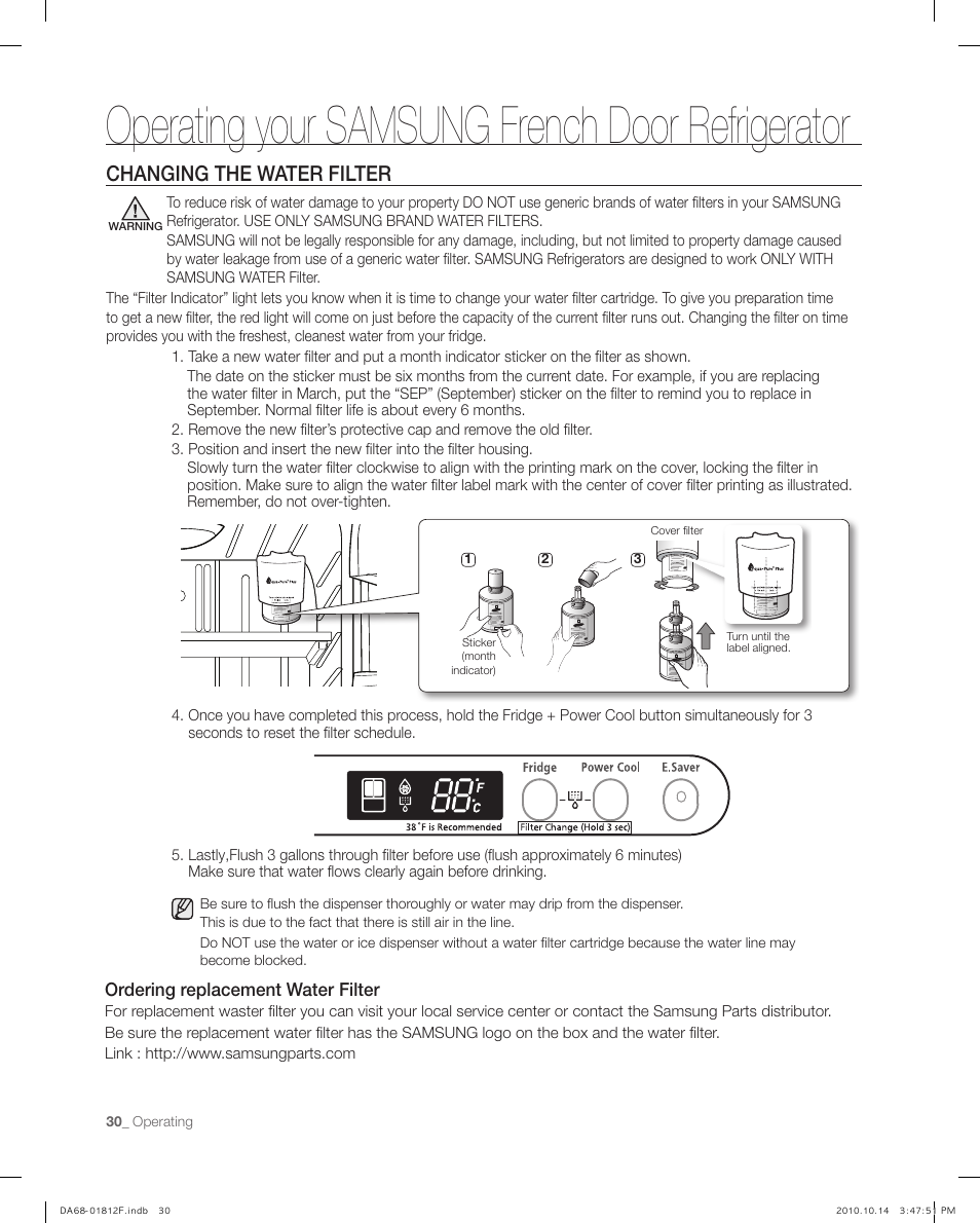 Changing the wat er filter, Operating your samsung french door refrigerator, Changing the water filter | Ordering replacement water filter | Samsung RF266AEPN-XAA User Manual | Page 30 / 40