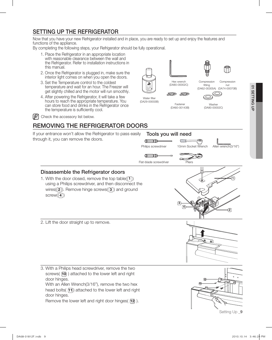 Setting up the refrigerato r, Removing the refrigerator doors, Setting up the refrigerator | Disassemble the refrigerator doors, Tools you will need | Samsung RF266AEPN-XAA User Manual | Page 9 / 40