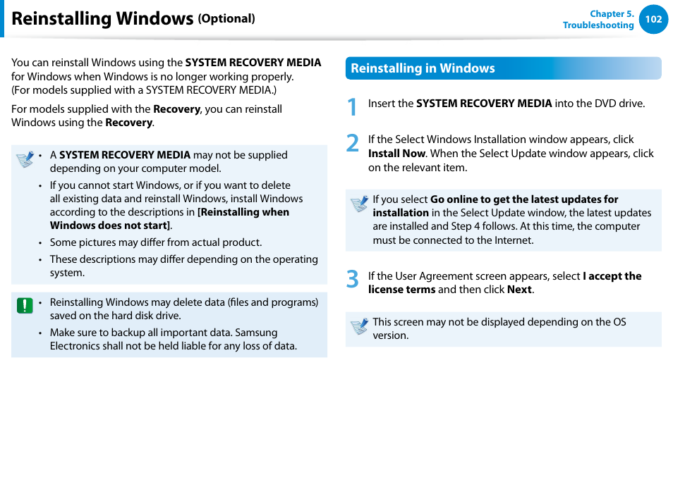 Reinstalling windows (optional), Reinstalling windows | Samsung DP700A7D-S02US User Manual | Page 103 / 134