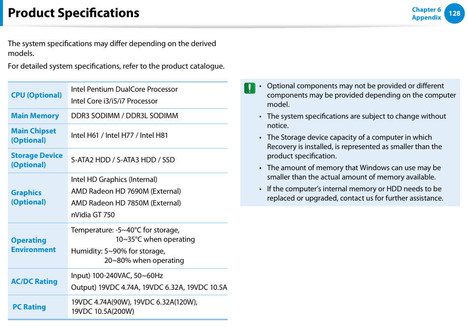 Product specifications | Samsung DP700A7D-S02US User Manual | Page 129 / 134