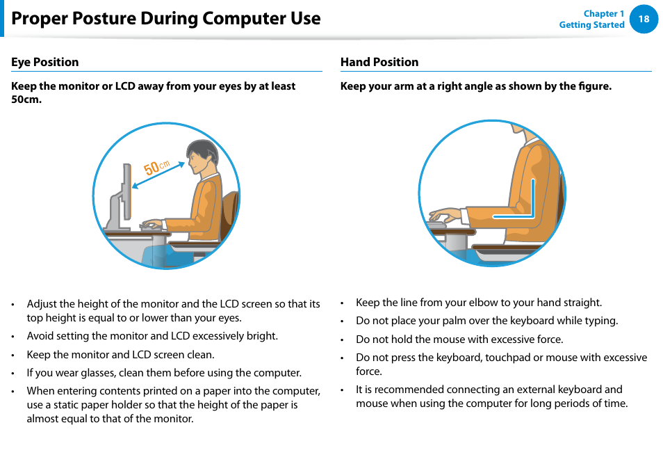 Proper posture during computer use | Samsung DP700A7D-S02US User Manual | Page 19 / 134
