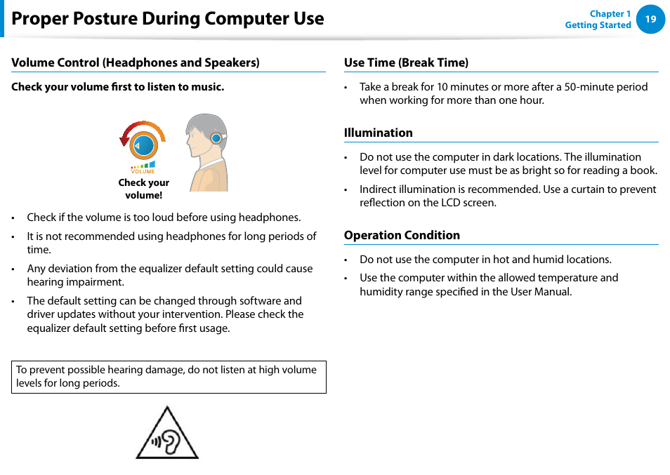 Proper posture during computer use | Samsung DP700A7D-S02US User Manual | Page 20 / 134