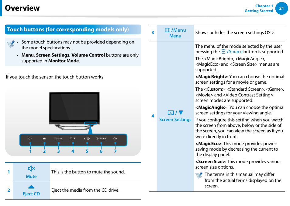 Overview, Touch buttons (for corresponding models only) | Samsung DP700A7D-S02US User Manual | Page 22 / 134