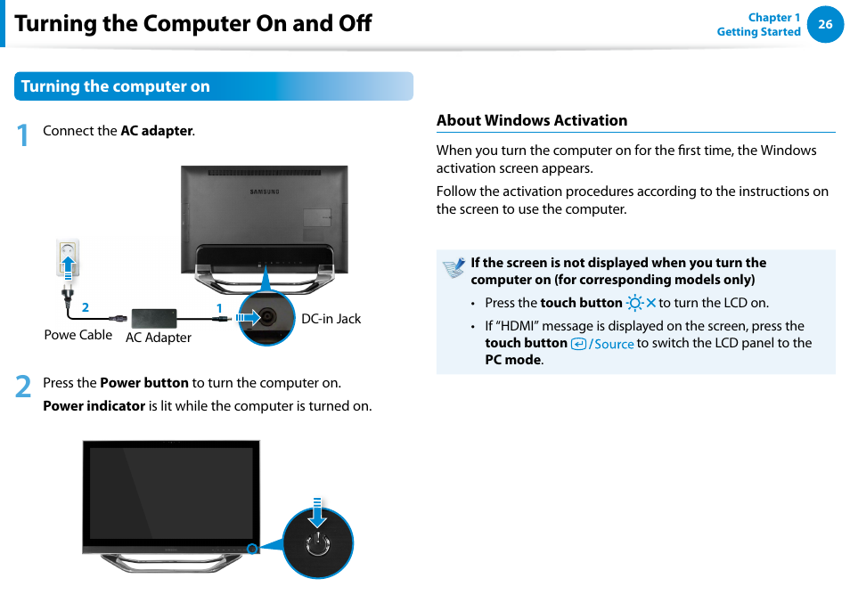 Turning the computer on and off | Samsung DP700A7D-S02US User Manual | Page 27 / 134