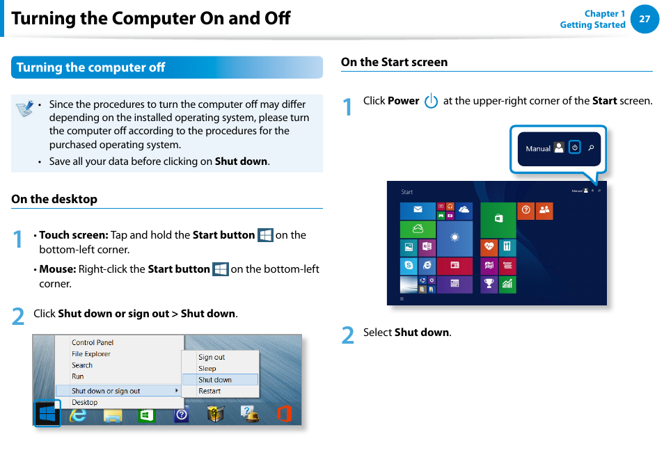 Turning the computer on and off | Samsung DP700A7D-S02US User Manual | Page 28 / 134