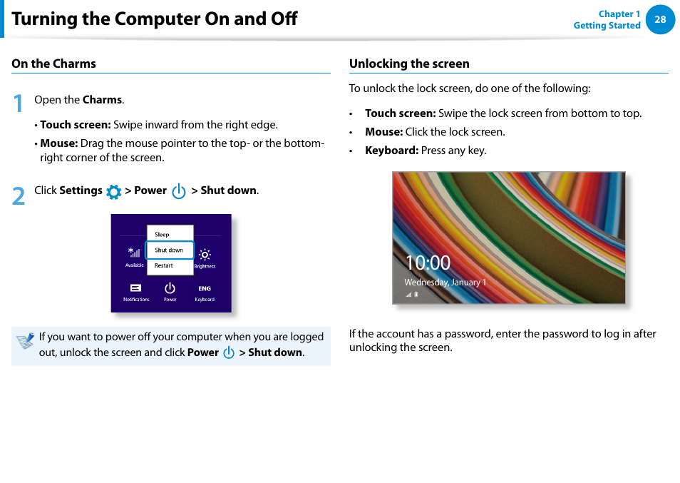 Turning the computer on and off | Samsung DP700A7D-S02US User Manual | Page 29 / 134