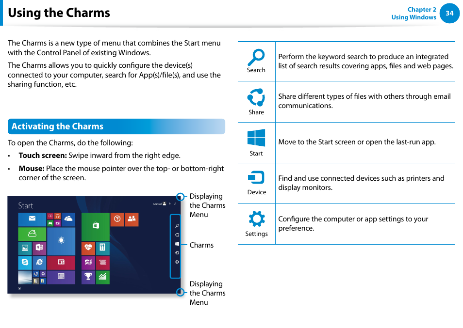 Using the charms, Activating the charms | Samsung DP700A7D-S02US User Manual | Page 35 / 134