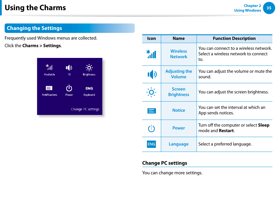 Using the charms, Changing the settings | Samsung DP700A7D-S02US User Manual | Page 36 / 134