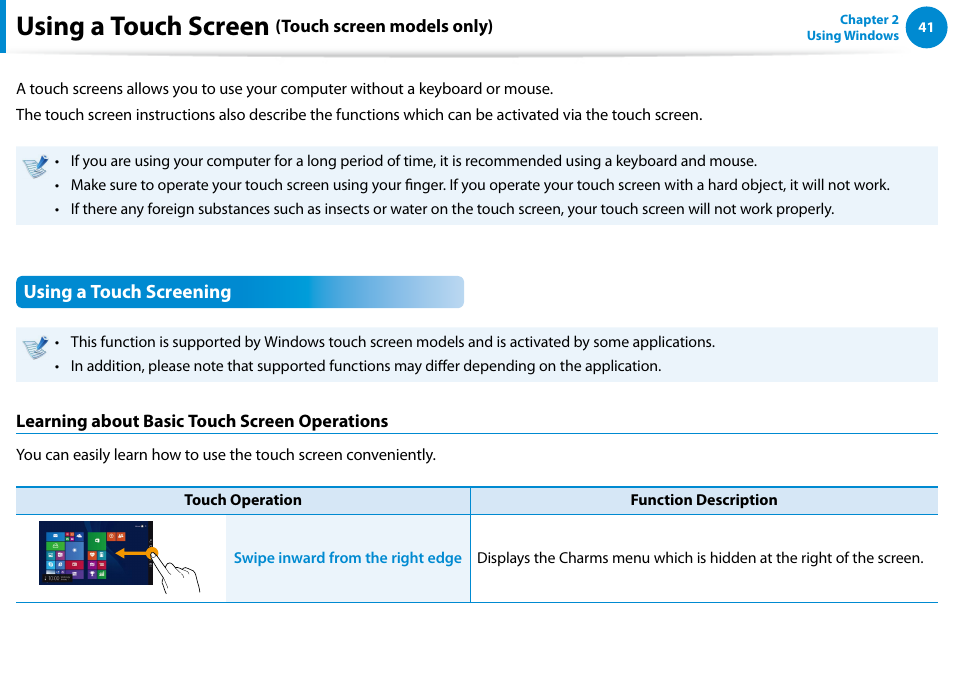 Using a touch screen (touch screen models only), Using a touch screen (touch screen models only) 41, Using a touch screen | Samsung DP700A7D-S02US User Manual | Page 42 / 134