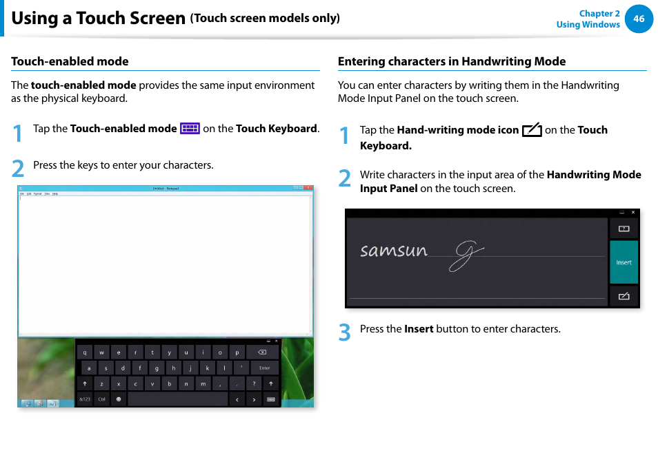 Using a touch screen | Samsung DP700A7D-S02US User Manual | Page 47 / 134