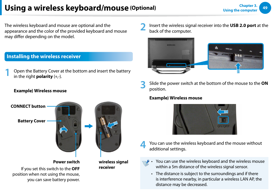 Using a wireless keyboard/mouse (optional), Using a wireless keyboard/mouse | Samsung DP700A7D-S02US User Manual | Page 50 / 134