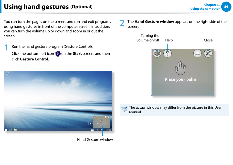 Using hand gestures (optional), Using hand gestures | Samsung DP700A7D-S02US User Manual | Page 57 / 134