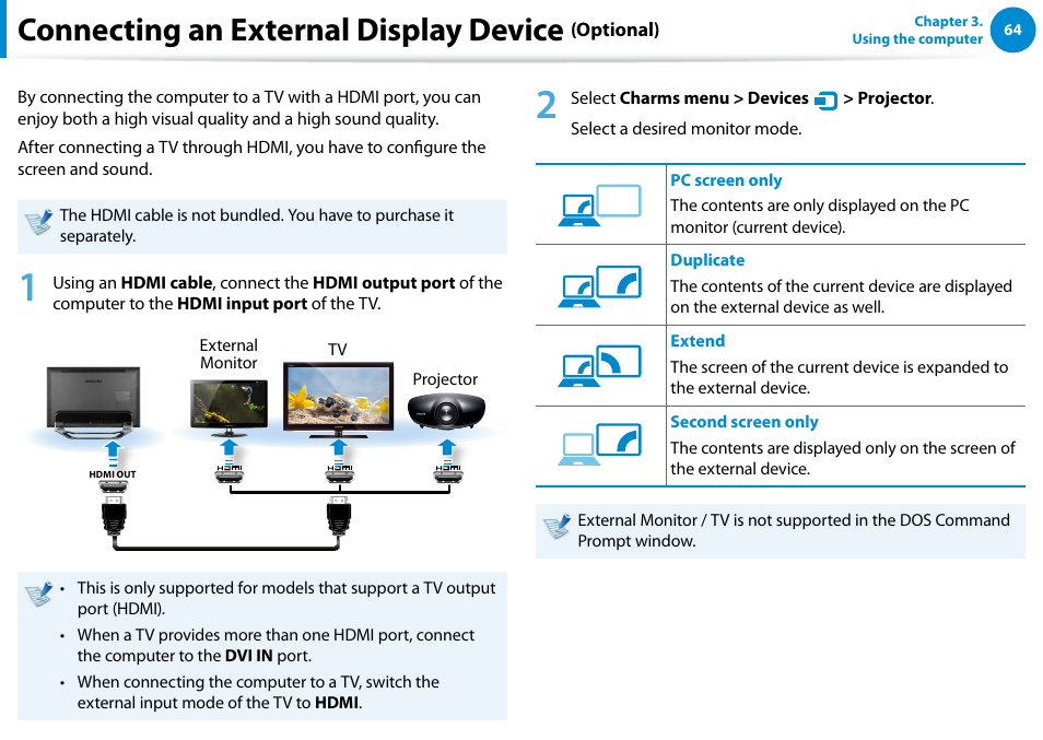Connecting an external display device (optional), Connecting an external display device | Samsung DP700A7D-S02US User Manual | Page 65 / 134