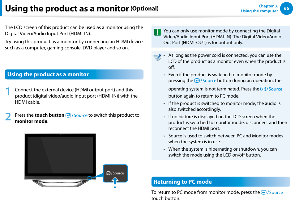 Using the product as a monitor (optional), Using the product as a monitor | Samsung DP700A7D-S02US User Manual | Page 67 / 134