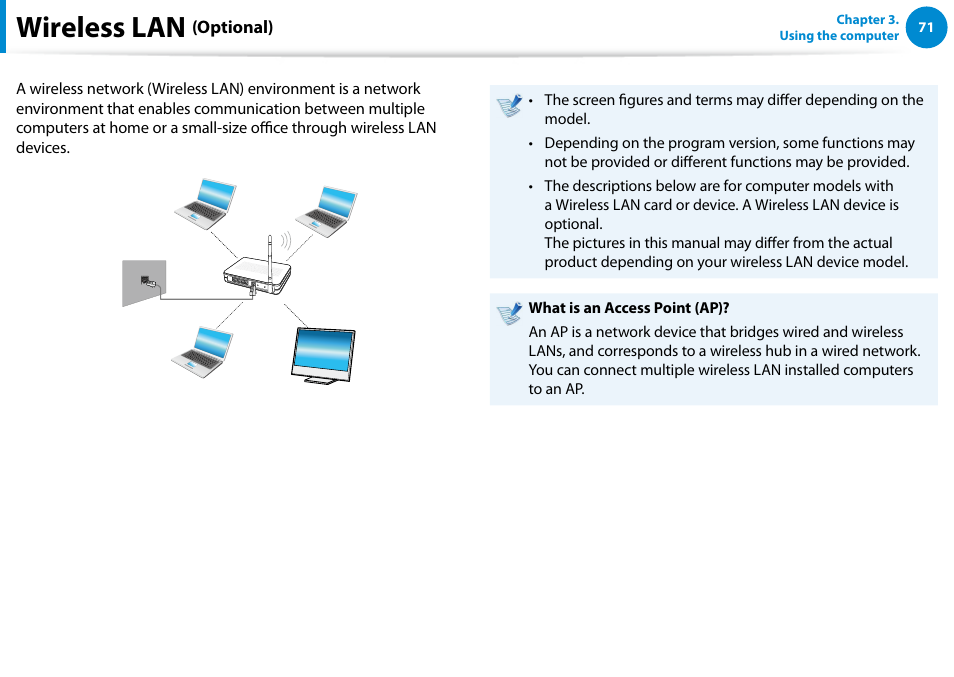 Wireless lan (optional), Wireless lan | Samsung DP700A7D-S02US User Manual | Page 72 / 134