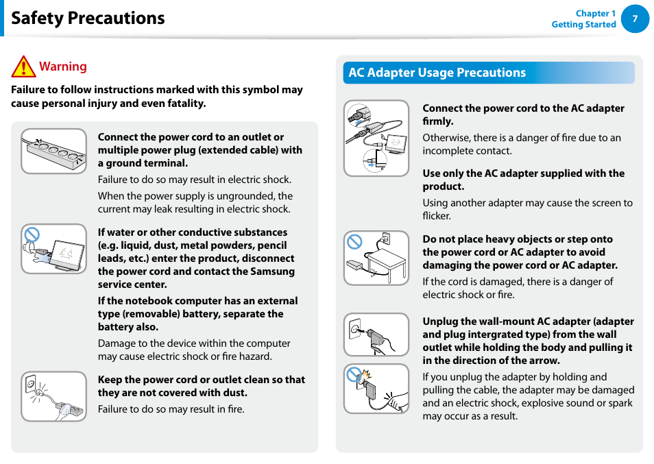 Safety precautions, Ac adapter usage precautions, Warning | Samsung DP700A7D-S02US User Manual | Page 8 / 134