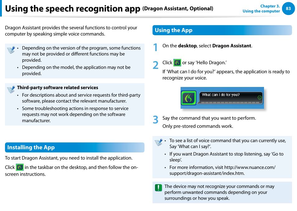 Using the speech recognition app, Dragon assistant, optional) | Samsung DP700A7D-S02US User Manual | Page 84 / 134