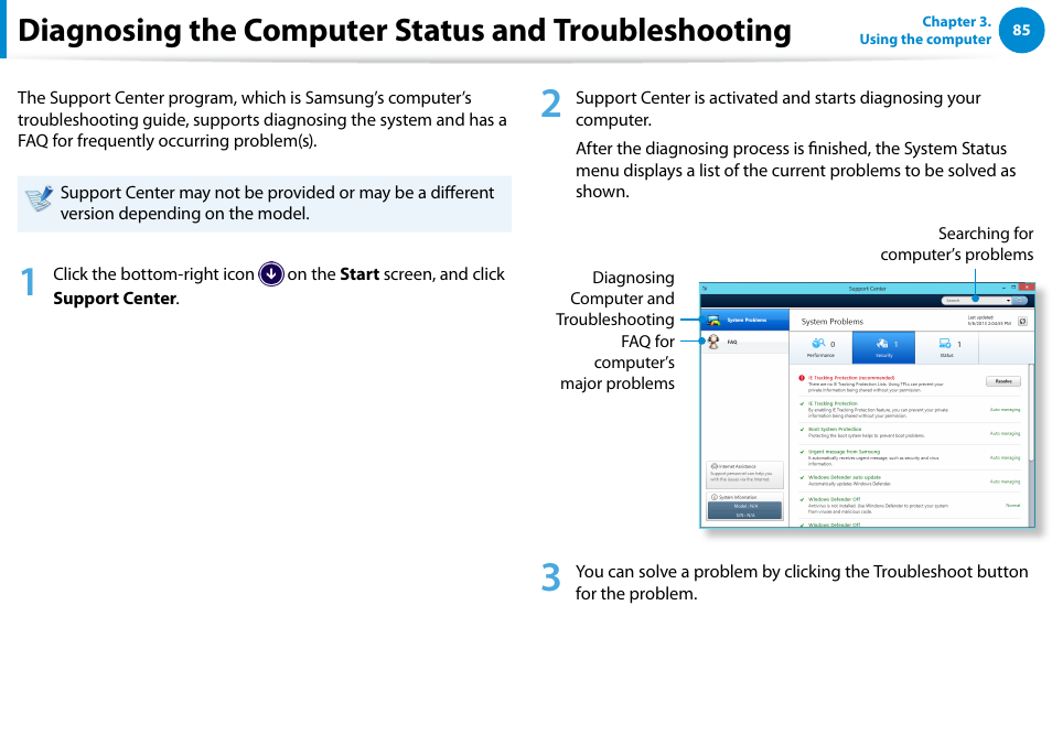 Diagnosing the computer status and troubleshooting | Samsung DP700A7D-S02US User Manual | Page 86 / 134