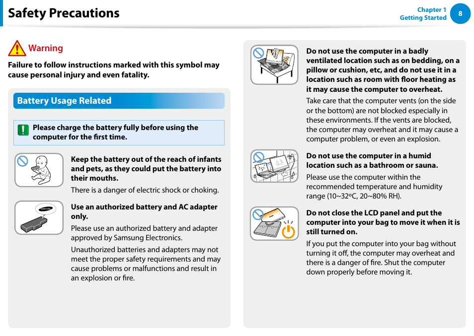 Safety precautions, Battery usage related, Warning | Samsung DP700A7D-S02US User Manual | Page 9 / 134