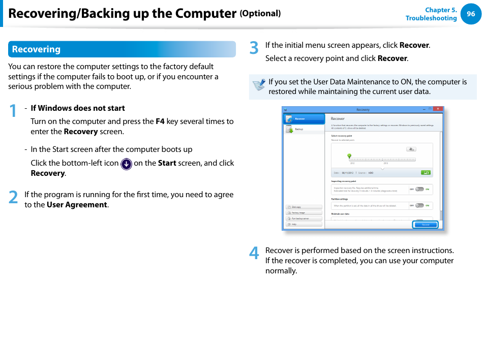 Recovering/backing up the computer | Samsung DP700A7D-S02US User Manual | Page 97 / 134