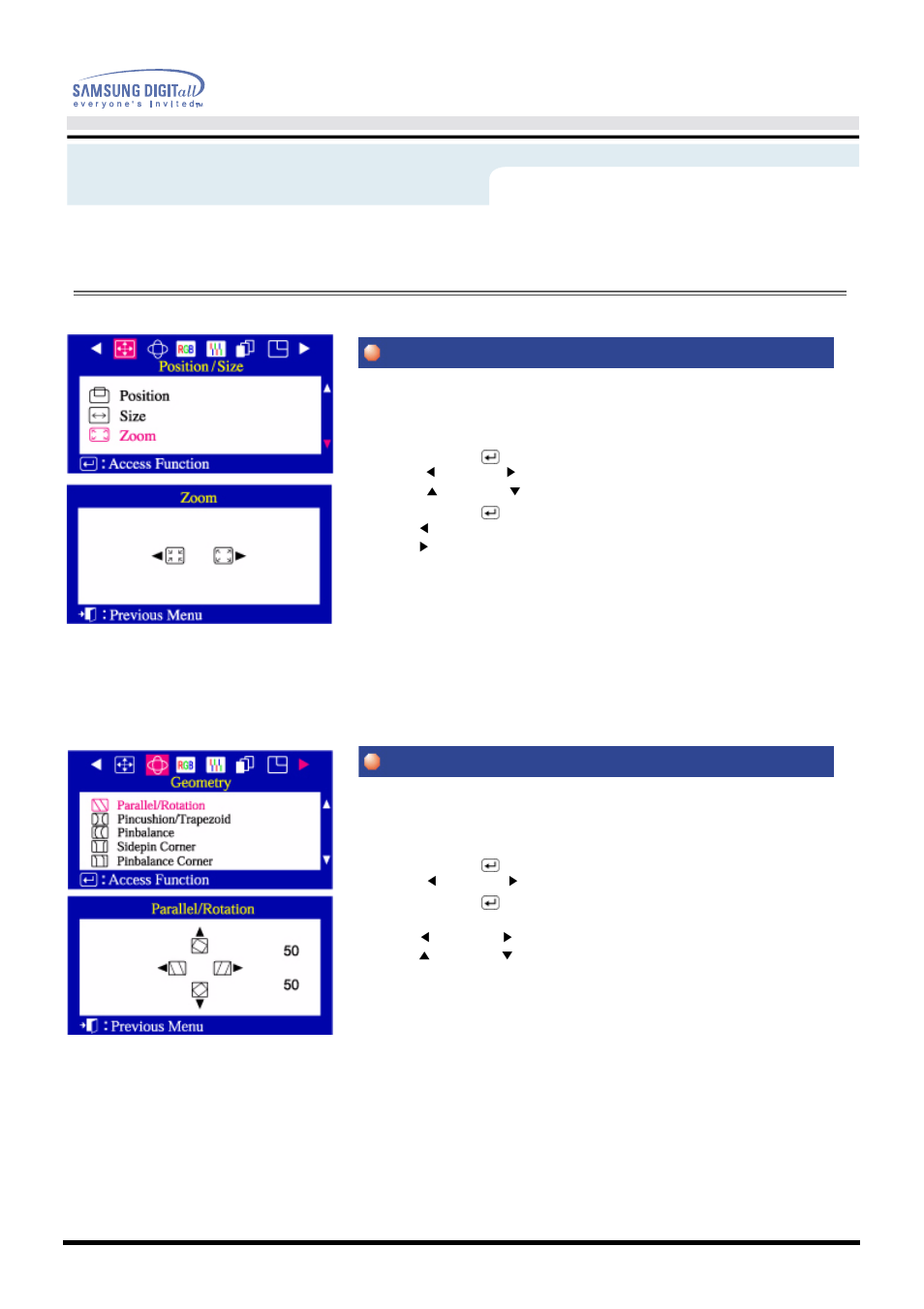 On-screen display, Zoom parallel/rotation, User’s manual 27 | Menu, How to adjust | Samsung AQ19FSBU User Manual | Page 29 / 72