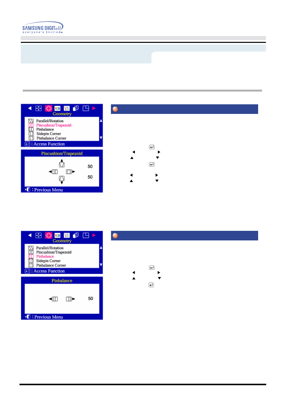 On-screen display, Pincushion/trapezoid pinbalance, User’s manual 28 | Menu, How to adjust | Samsung AQ19FSBU User Manual | Page 30 / 72
