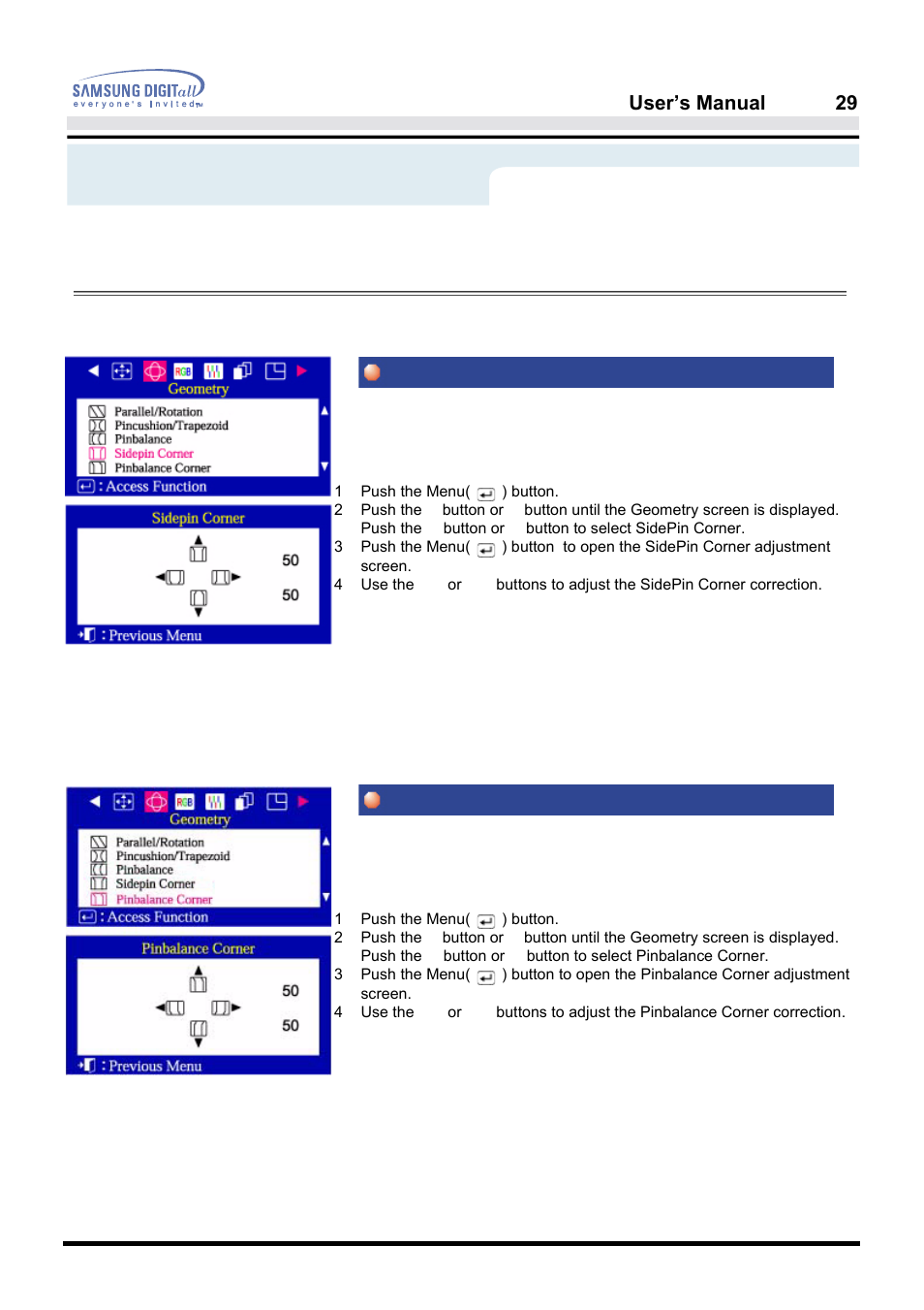 On-screen display, Sidepin corner pinbalance corner, User’s manual 29 | Menu, How to adjust | Samsung AQ19FSBU User Manual | Page 31 / 72