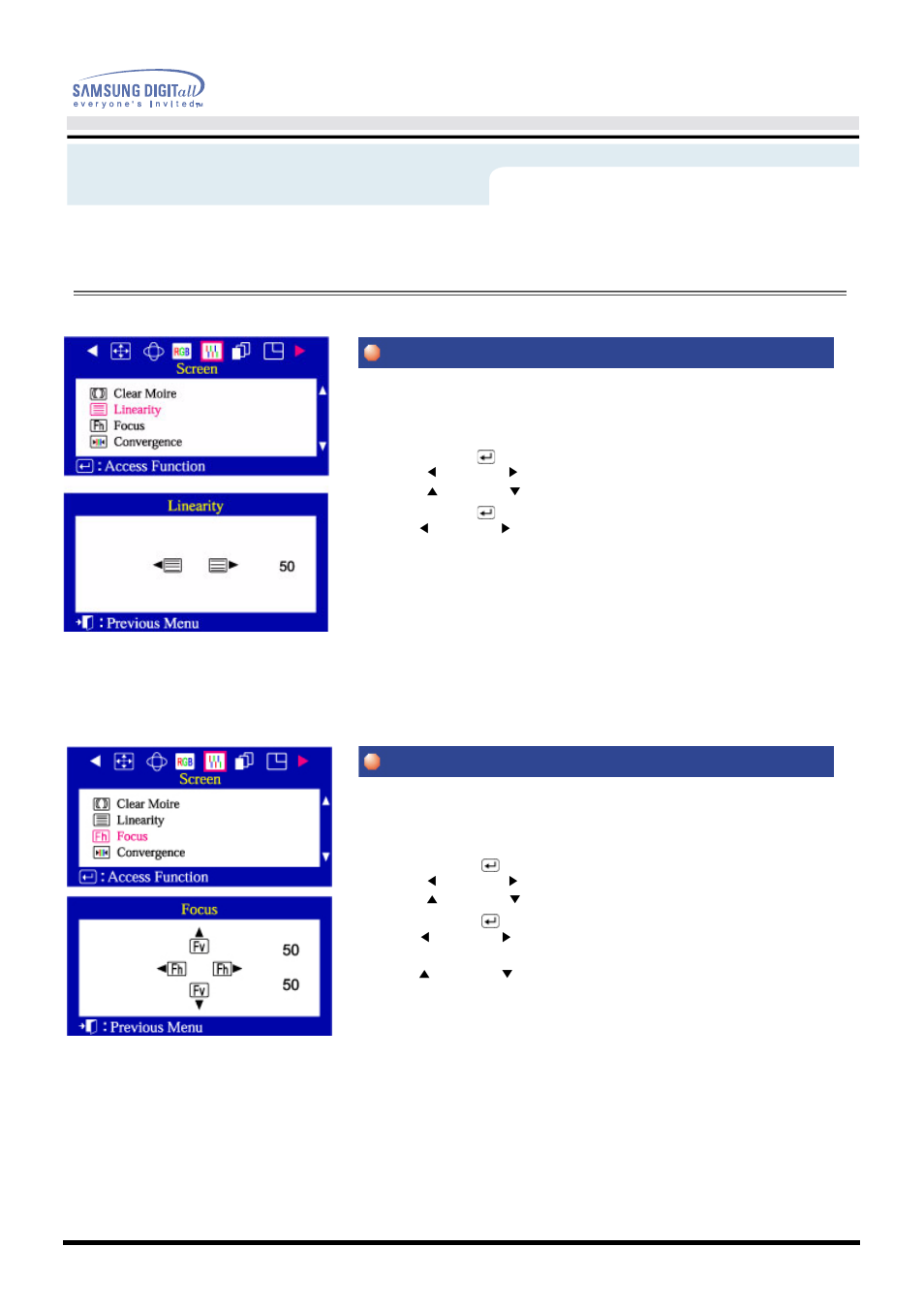 On-screen display, Linearity focus, User’s manual 32 | Menu, How to adjust | Samsung AQ19FSBU User Manual | Page 34 / 72