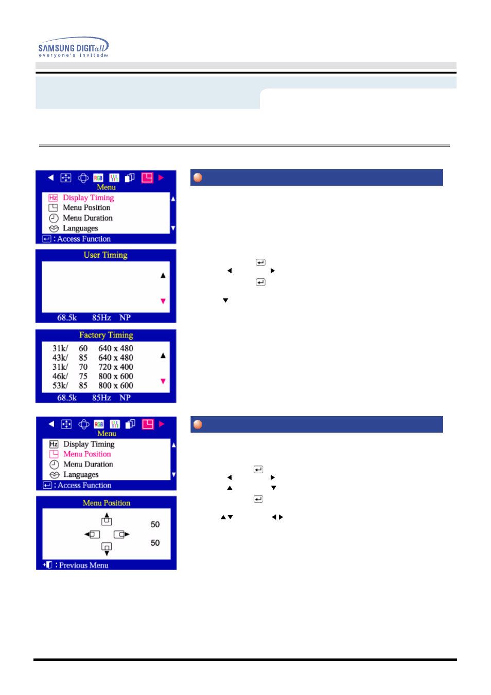 On-screen display, Display timing menu position, User’s manual 36 | Samsung AQ19FSBU User Manual | Page 38 / 72