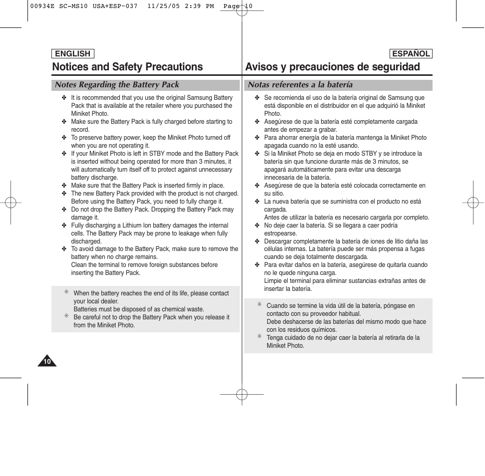 Avisos y precauciones de seguridad, Notices and safety precautions | Samsung HMX-S10BN-XAC User Manual | Page 10 / 156