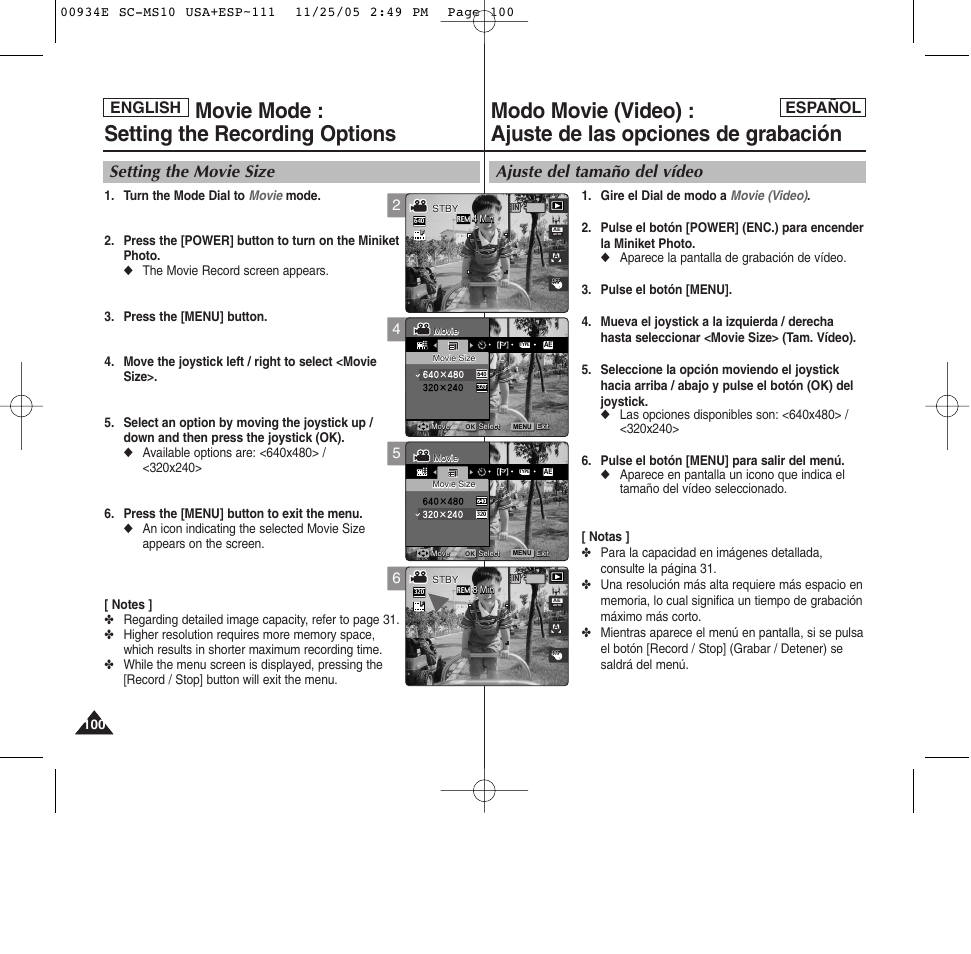 Movie mode : setting the recording options, Ajuste del tamaño del vídeo, Setting the movie size | Español english | Samsung HMX-S10BN-XAC User Manual | Page 100 / 156