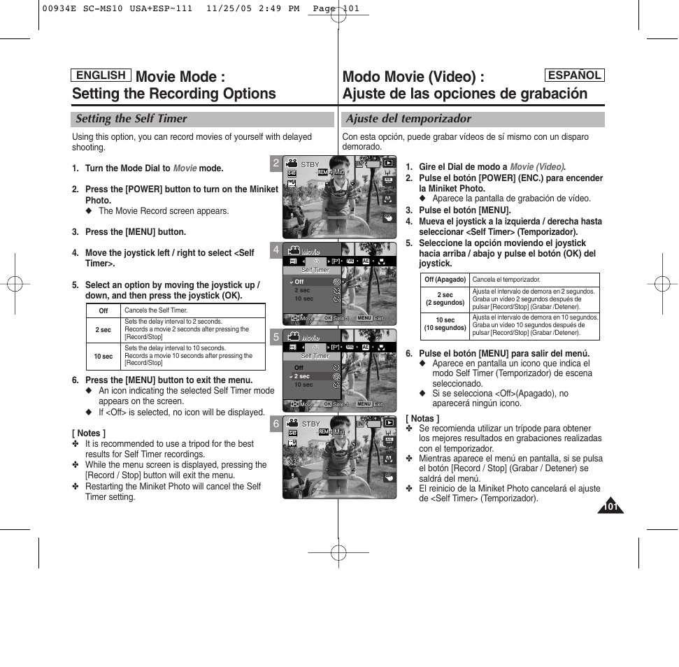 Movie mode : setting the recording options, Ajuste del temporizador, Setting the self timer | English español | Samsung HMX-S10BN-XAC User Manual | Page 101 / 156