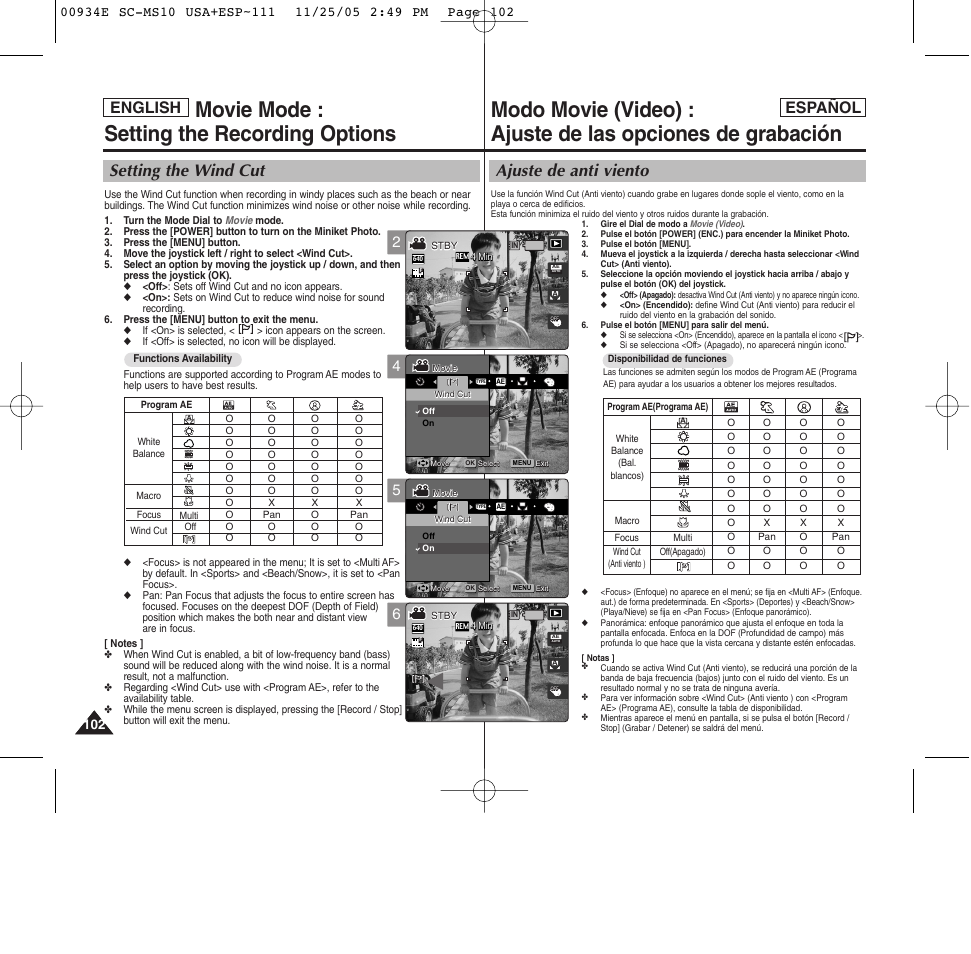 Movie mode : setting the recording options, Ajuste de anti viento, Setting the wind cut | Español english | Samsung HMX-S10BN-XAC User Manual | Page 102 / 156