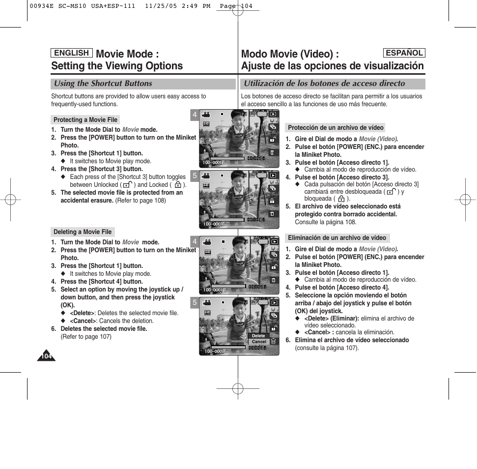 Movie mode : setting the viewing options, Utilización de los botones de acceso directo, Using the shortcut buttons | Samsung HMX-S10BN-XAC User Manual | Page 104 / 156