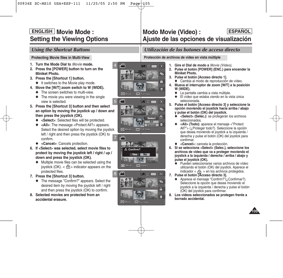 Movie mode : setting the viewing options, Utilización de los botones de acceso directo, Using the shortcut buttons | Español, English | Samsung HMX-S10BN-XAC User Manual | Page 105 / 156