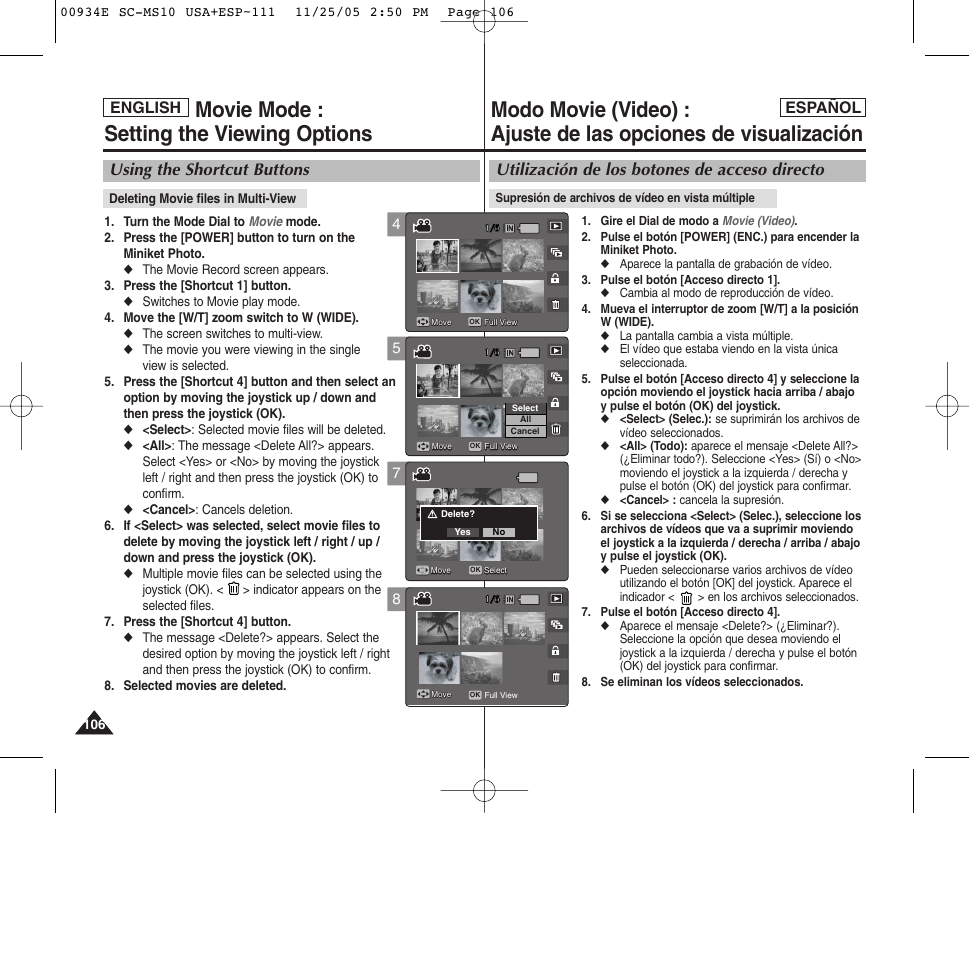 Movie mode : setting the viewing options, Utilización de los botones de acceso directo, Using the shortcut buttons | Español english | Samsung HMX-S10BN-XAC User Manual | Page 106 / 156