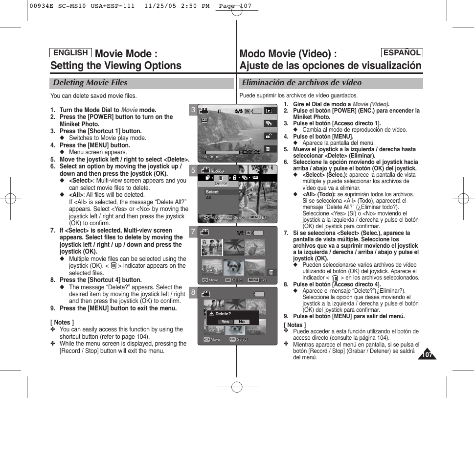 Movie mode : setting the viewing options, Eliminación de archivos de vídeo, Deleting movie files | English español | Samsung HMX-S10BN-XAC User Manual | Page 107 / 156