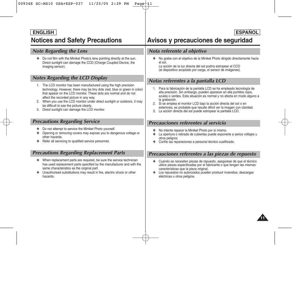 Avisos y precauciones de seguridad, Notices and safety precautions | Samsung HMX-S10BN-XAC User Manual | Page 11 / 156