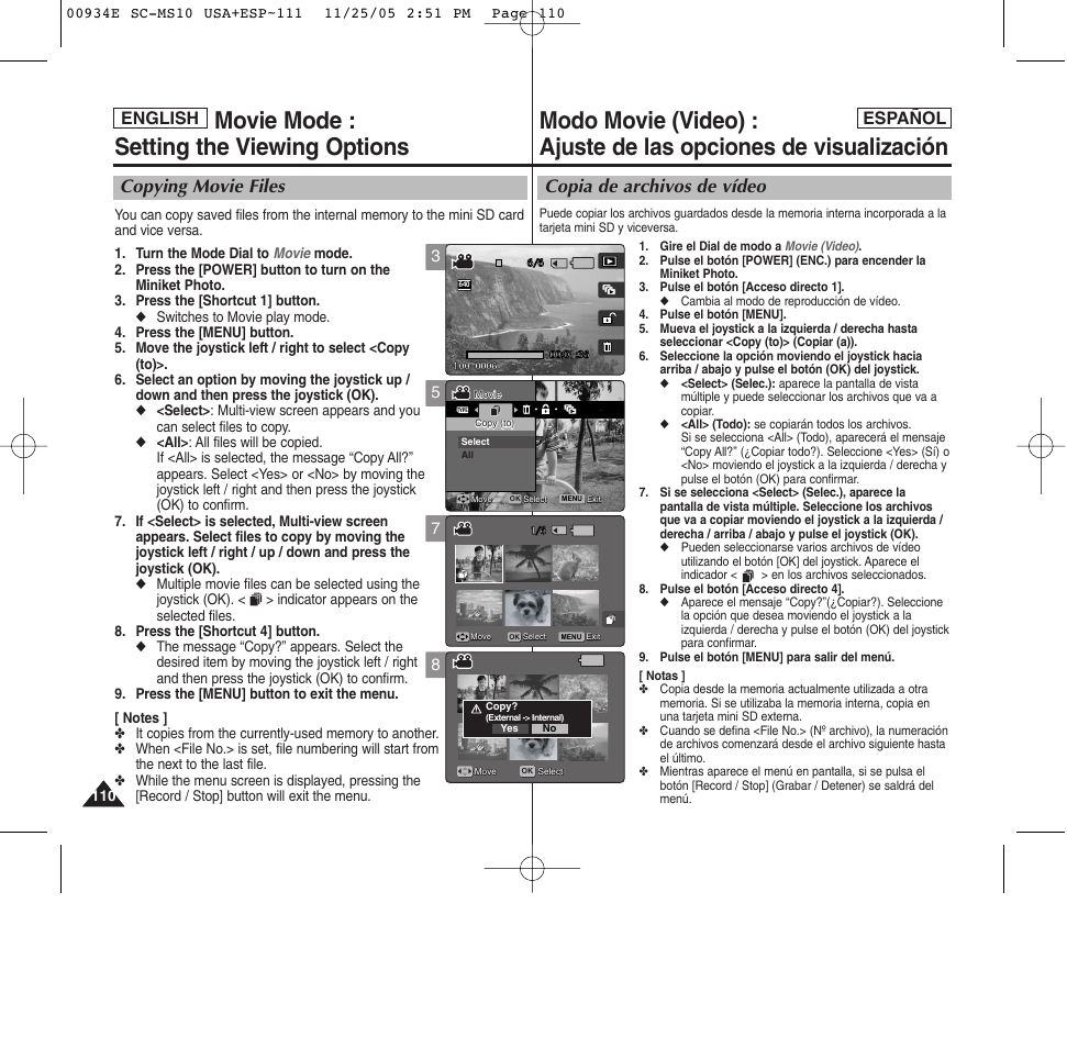 Movie mode : setting the viewing options, Copia de archivos de vídeo, Copying movie files | Español english | Samsung HMX-S10BN-XAC User Manual | Page 110 / 156