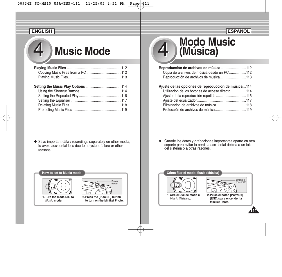 Music mode, Modo music (música) | Samsung HMX-S10BN-XAC User Manual | Page 111 / 156