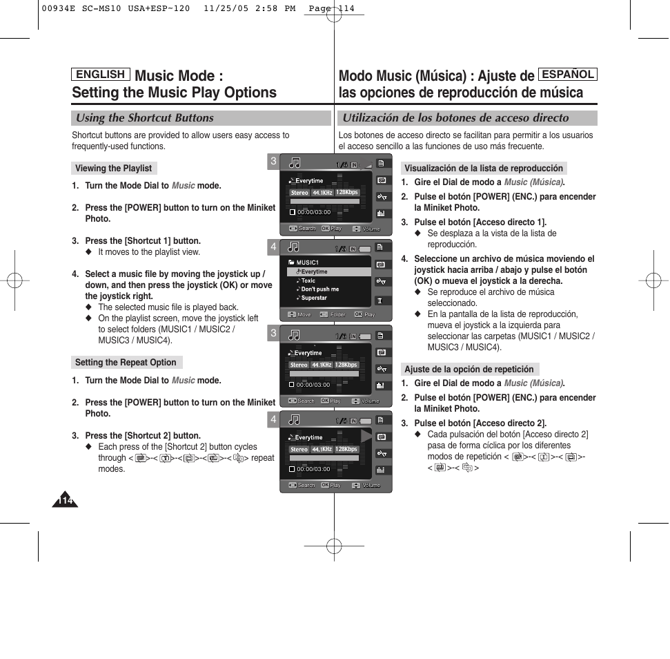 Music mode : setting the music play options, Utilización de los botones de acceso directo, Using the shortcut buttons | English español | Samsung HMX-S10BN-XAC User Manual | Page 114 / 156