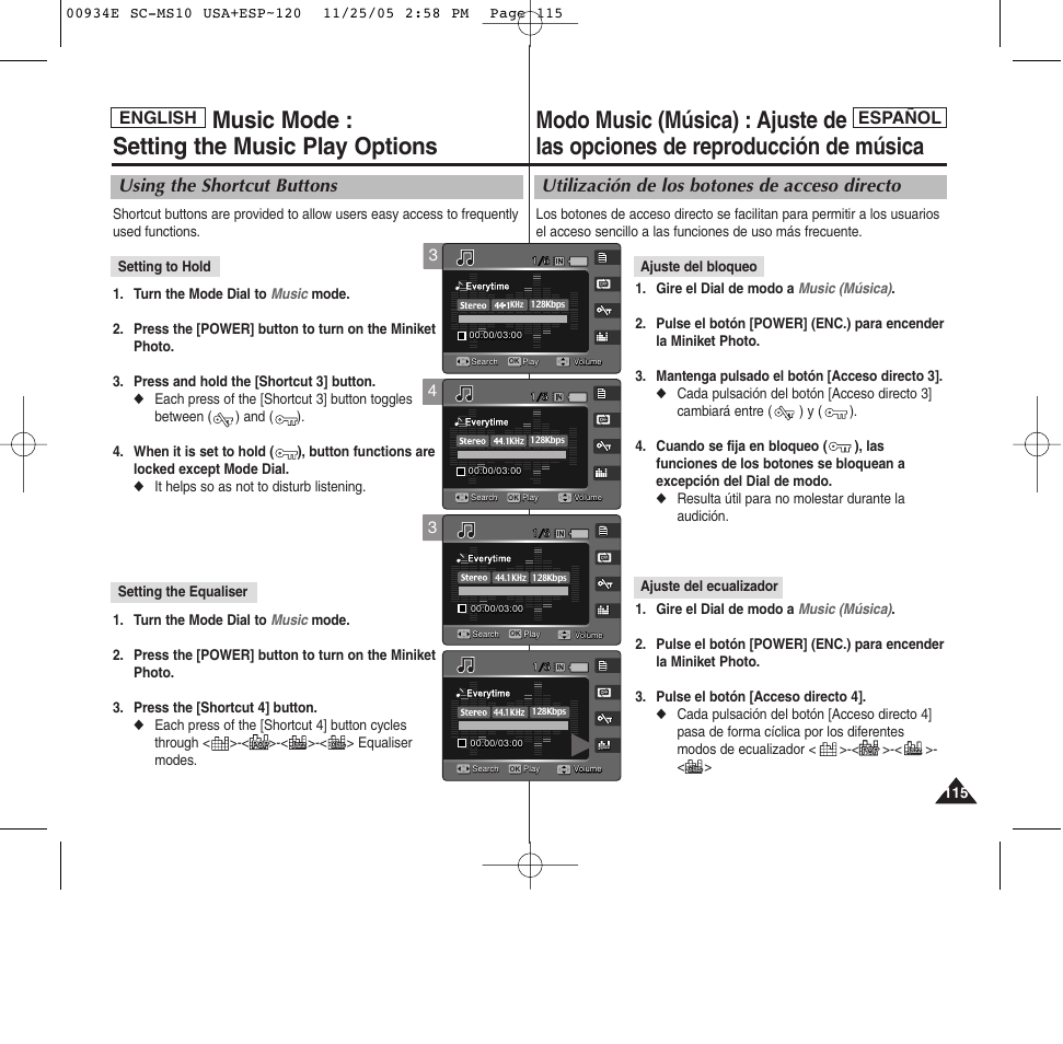 Music mode : setting the music play options, Utilización de los botones de acceso directo, Using the shortcut buttons | Español, English | Samsung HMX-S10BN-XAC User Manual | Page 115 / 156