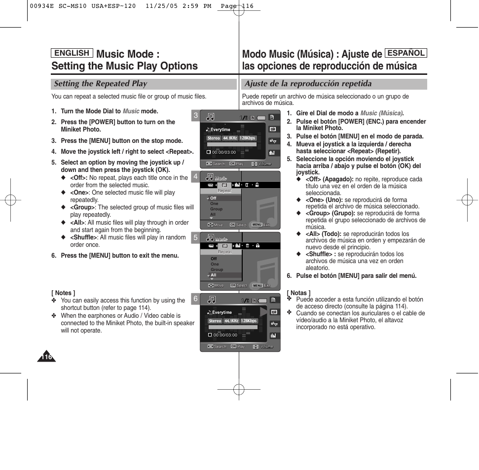 Music mode : setting the music play options, Ajuste de la reproducción repetida, Setting the repeated play | English español | Samsung HMX-S10BN-XAC User Manual | Page 116 / 156