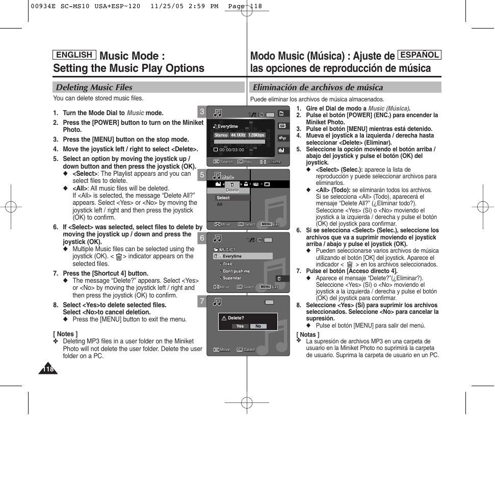 Music mode : setting the music play options, Eliminación de archivos de música, Deleting music files | English español | Samsung HMX-S10BN-XAC User Manual | Page 118 / 156