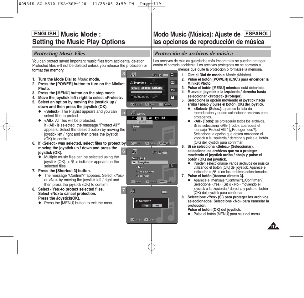 Music mode : setting the music play options, Protección de archivos de música, Protecting music files | Español, English | Samsung HMX-S10BN-XAC User Manual | Page 119 / 156