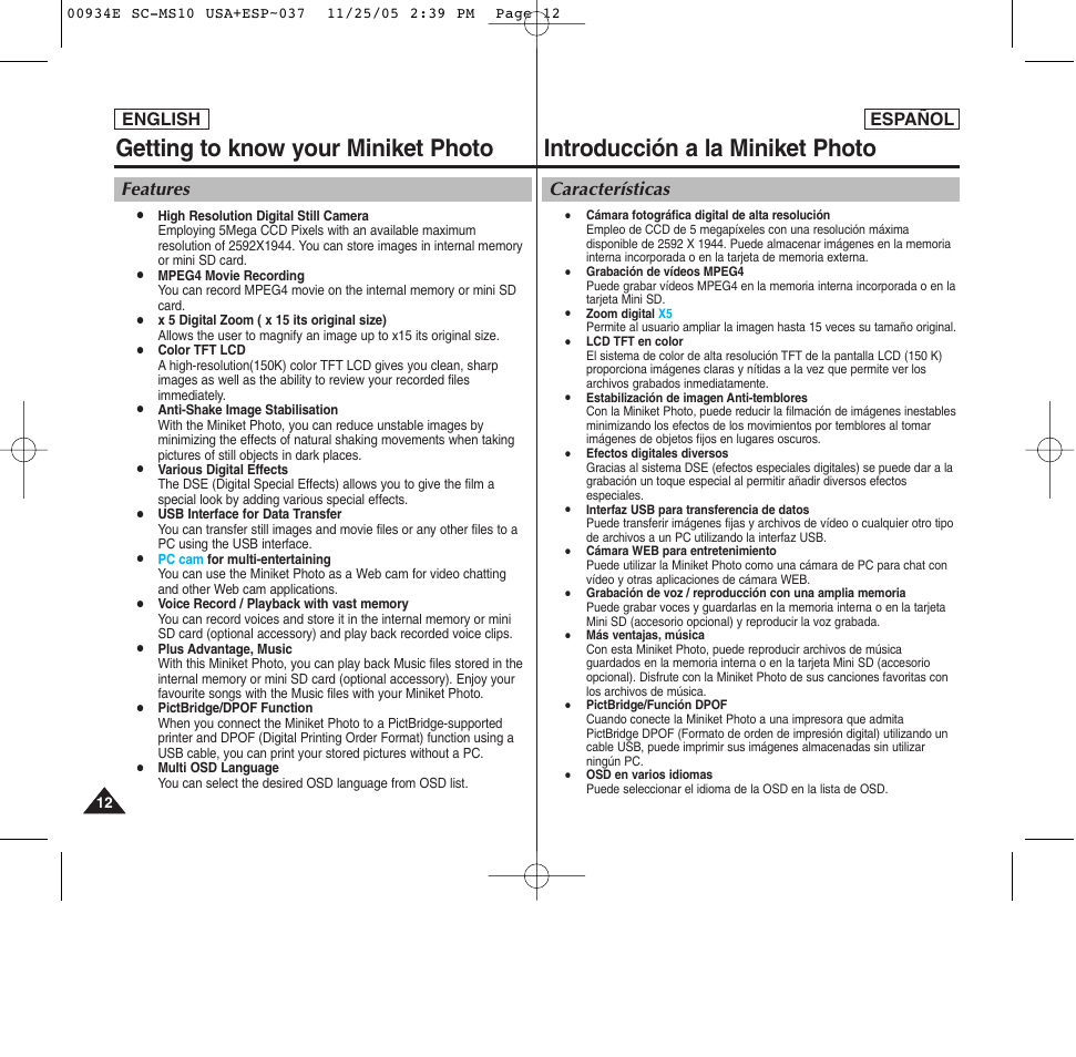 Introducción a la miniket photo, Getting to know your miniket photo, Características | Features, English español | Samsung HMX-S10BN-XAC User Manual | Page 12 / 156
